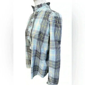LOFT | Blue Green Plaid Ruffle Long Sleeve Button (S)